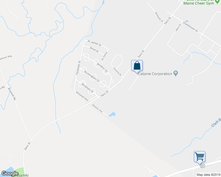 map of restaurants, bars, coffee shops, grocery stores, and more near 640 Saco Street in Westbrook