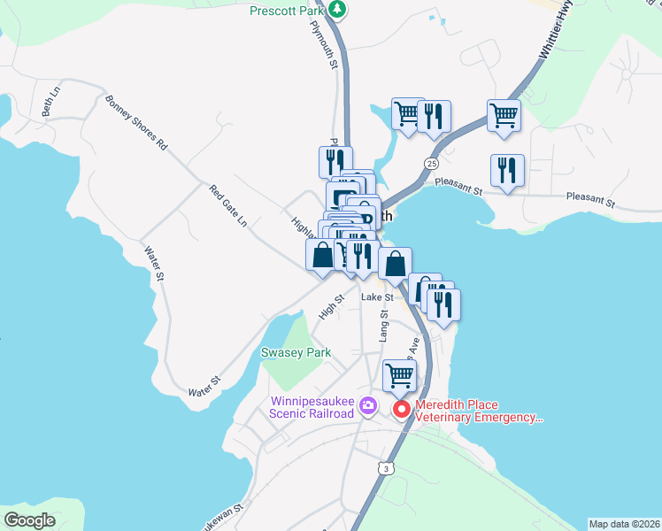 map of restaurants, bars, coffee shops, grocery stores, and more near 7 Water Street in Meredith