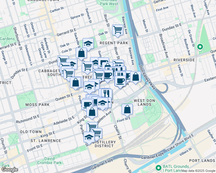map of restaurants, bars, coffee shops, grocery stores, and more near in Toronto