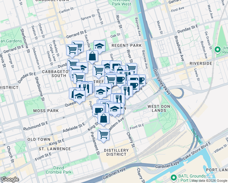 map of restaurants, bars, coffee shops, grocery stores, and more near in Toronto