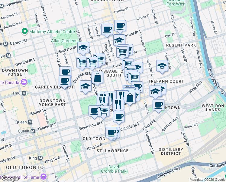 map of restaurants, bars, coffee shops, grocery stores, and more near in Toronto