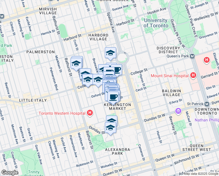 map of restaurants, bars, coffee shops, grocery stores, and more near 68 Oxford Street in Toronto