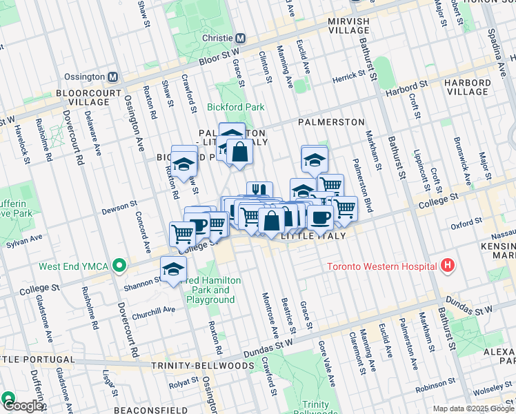 map of restaurants, bars, coffee shops, grocery stores, and more near in Toronto