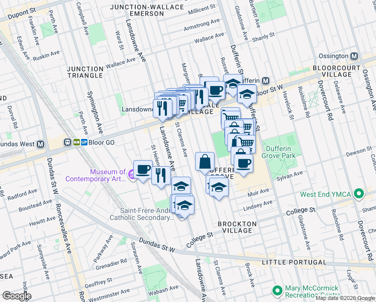 map of restaurants, bars, coffee shops, grocery stores, and more near 359 Saint Clarens Avenue in Toronto