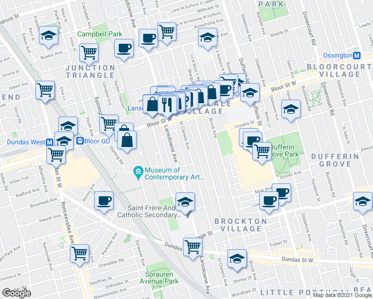 map of restaurants, bars, coffee shops, grocery stores, and more near 543 Lansdowne Avenue in Toronto