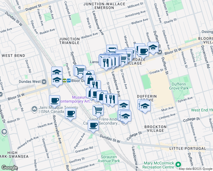map of restaurants, bars, coffee shops, grocery stores, and more near 245 Saint Helens Avenue in Toronto