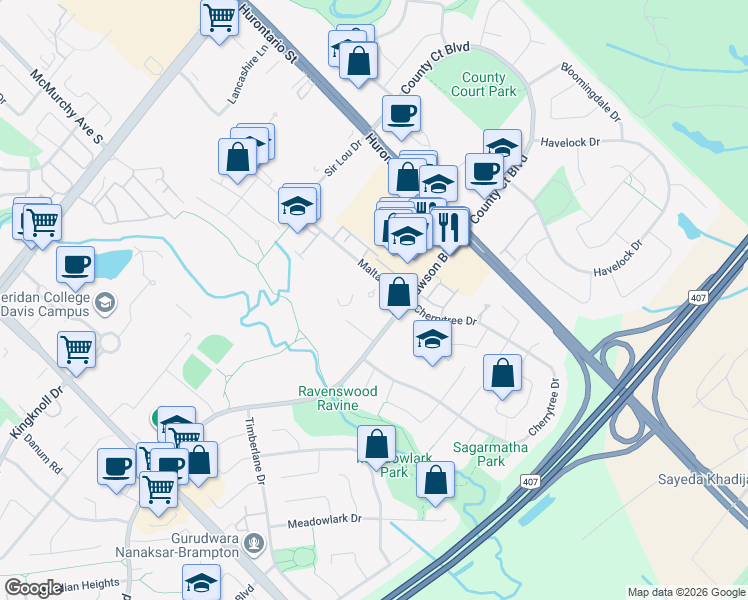 map of restaurants, bars, coffee shops, grocery stores, and more near in Brampton