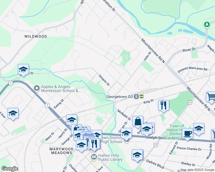 map of restaurants, bars, coffee shops, grocery stores, and more near 8 College Street in Halton Hills