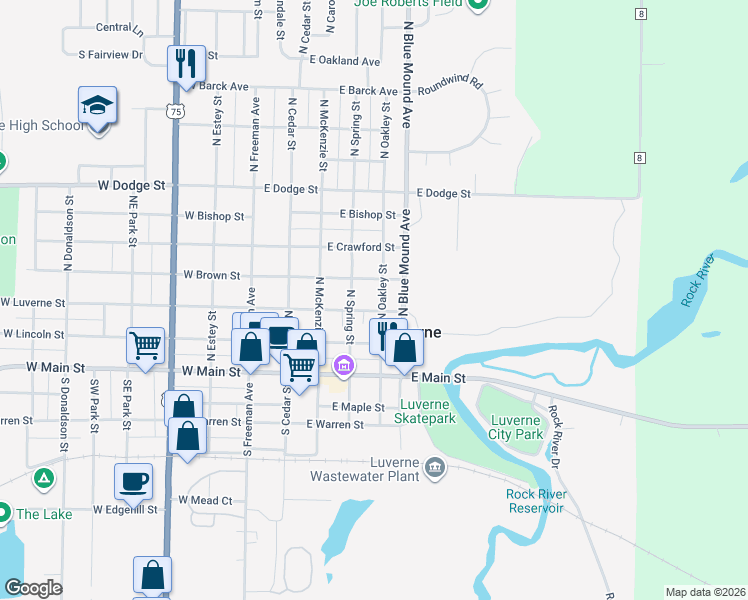 map of restaurants, bars, coffee shops, grocery stores, and more near 217 North Oakley Street in Luverne