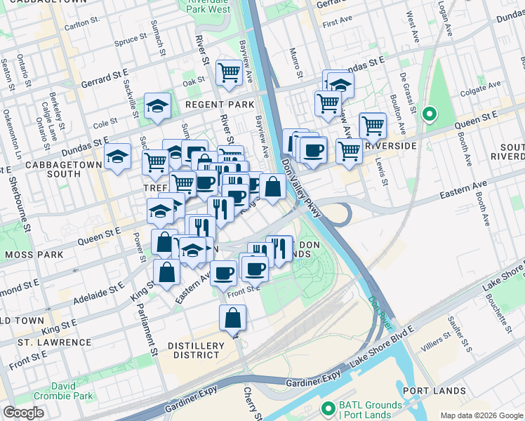 map of restaurants, bars, coffee shops, grocery stores, and more near 47 Lower River Street in Toronto