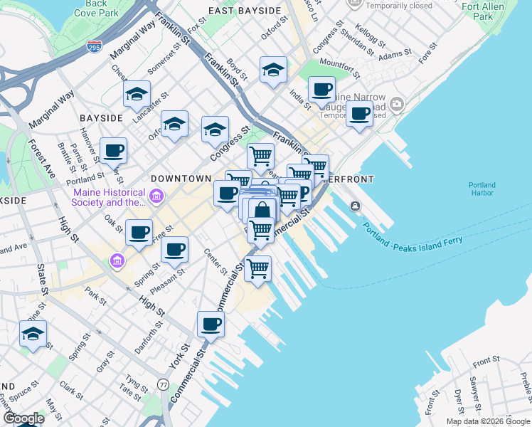map of restaurants, bars, coffee shops, grocery stores, and more near 6 Exchange Street in Portland