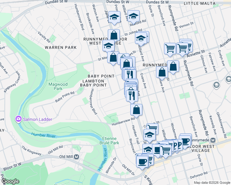 map of restaurants, bars, coffee shops, grocery stores, and more near 34 Raymond Avenue in Toronto