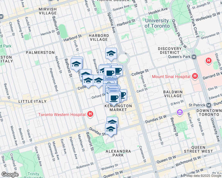 map of restaurants, bars, coffee shops, grocery stores, and more near in Toronto