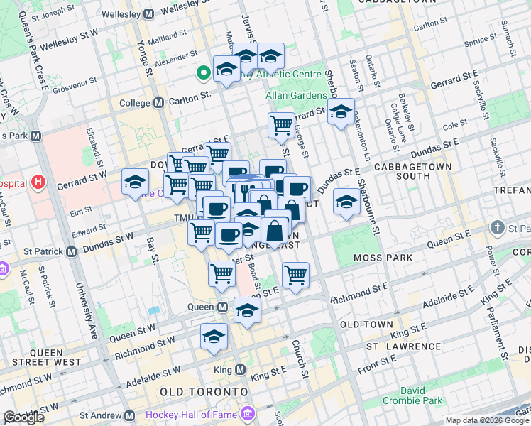 map of restaurants, bars, coffee shops, grocery stores, and more near 100 Dalhousie Street in Toronto