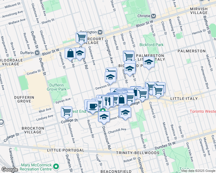 map of restaurants, bars, coffee shops, grocery stores, and more near in Toronto