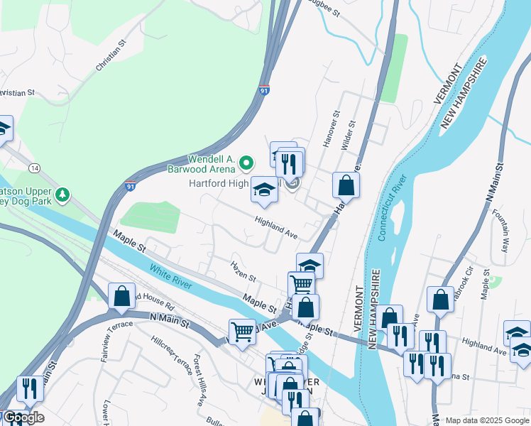 map of restaurants, bars, coffee shops, grocery stores, and more near 245 Highland Avenue in Hartford
