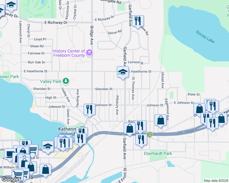 map of restaurants, bars, coffee shops, grocery stores, and more near 721 Pillsbury Avenue in Albert Lea
