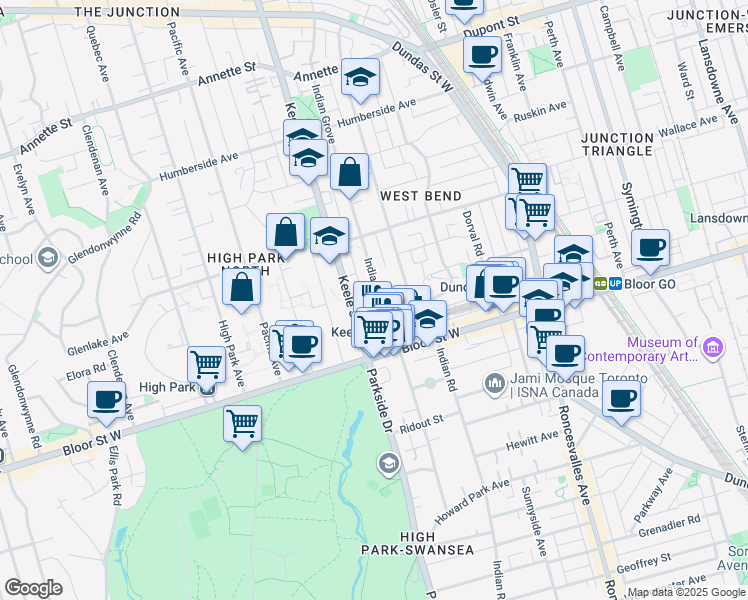 map of restaurants, bars, coffee shops, grocery stores, and more near 182 Indian Grove in Toronto
