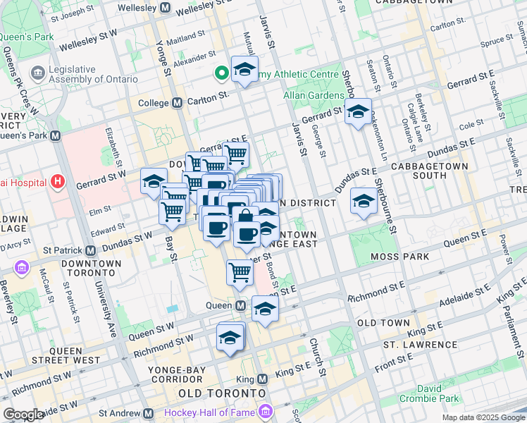 map of restaurants, bars, coffee shops, grocery stores, and more near 88 Dundas Street East in Toronto