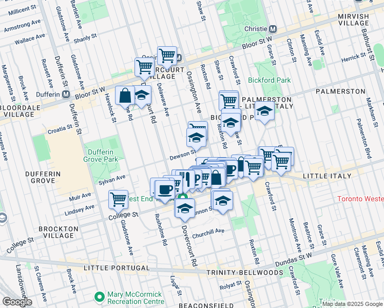 map of restaurants, bars, coffee shops, grocery stores, and more near in Toronto