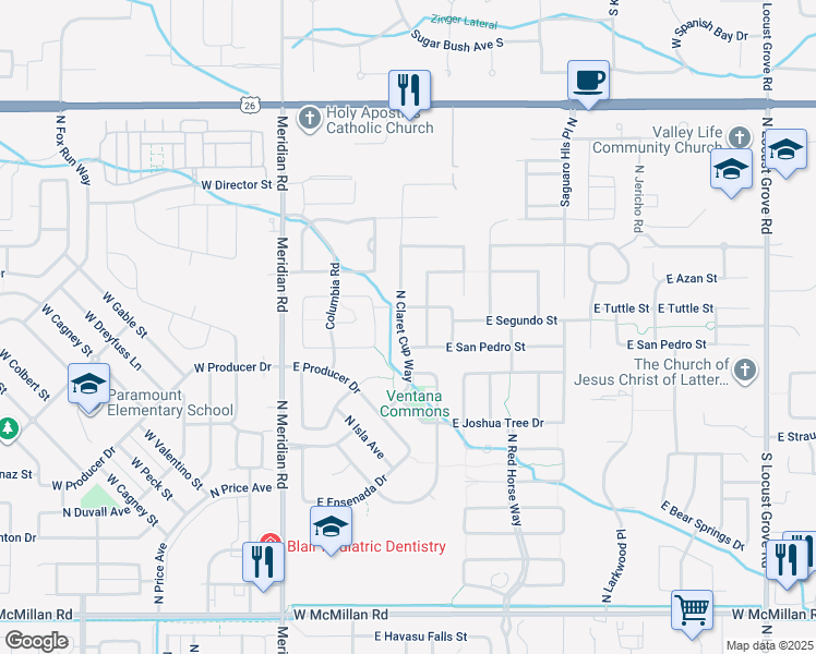 map of restaurants, bars, coffee shops, grocery stores, and more near 5665 North Pinery Canyon Avenue in Meridian