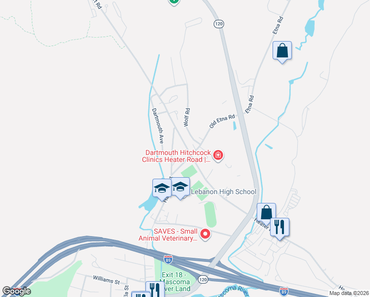 map of restaurants, bars, coffee shops, grocery stores, and more near 7 Old Etna Road in Lebanon