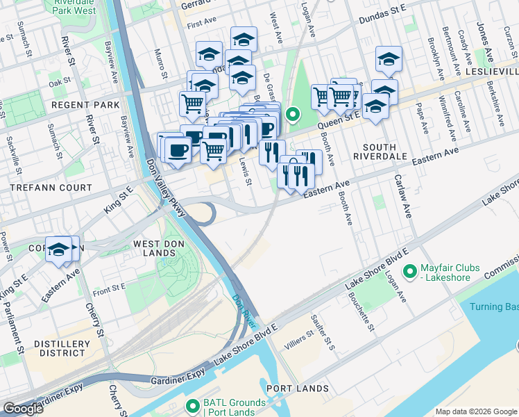 map of restaurants, bars, coffee shops, grocery stores, and more near Eastern Avenue in Toronto