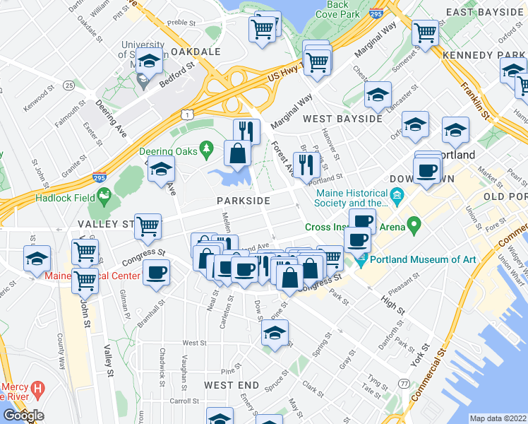 map of restaurants, bars, coffee shops, grocery stores, and more near State St & Grant St in Portland