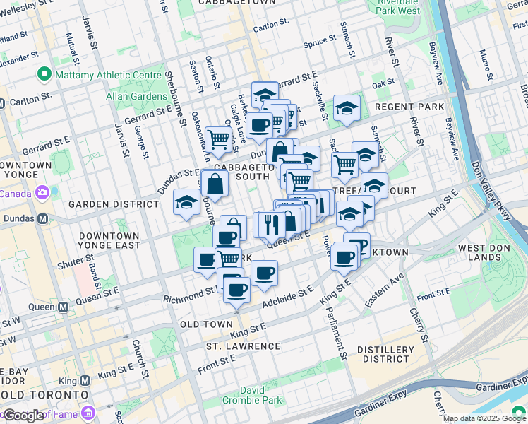 map of restaurants, bars, coffee shops, grocery stores, and more near 186 Milan Street in Toronto