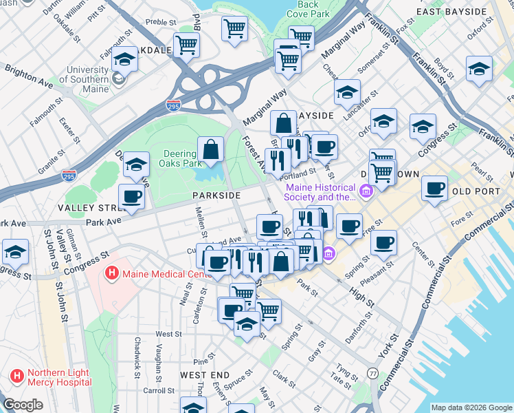 map of restaurants, bars, coffee shops, grocery stores, and more near 31 Sherman Street in Portland