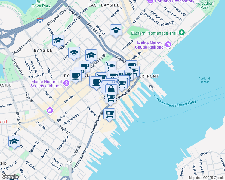 map of restaurants, bars, coffee shops, grocery stores, and more near 10 Exchange Street in Portland
