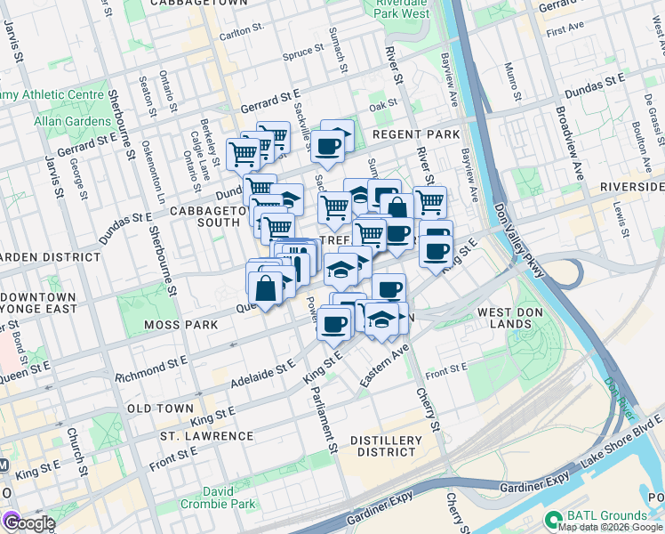 map of restaurants, bars, coffee shops, grocery stores, and more near 426 Queen Street East in Toronto