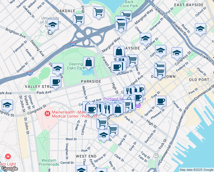 map of restaurants, bars, coffee shops, grocery stores, and more near 20 Grant Street in Portland