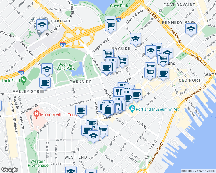 map of restaurants, bars, coffee shops, grocery stores, and more near 70 Forest Avenue in Portland