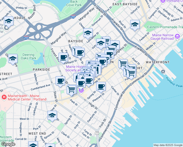 map of restaurants, bars, coffee shops, grocery stores, and more near 533 Congress Street in Portland