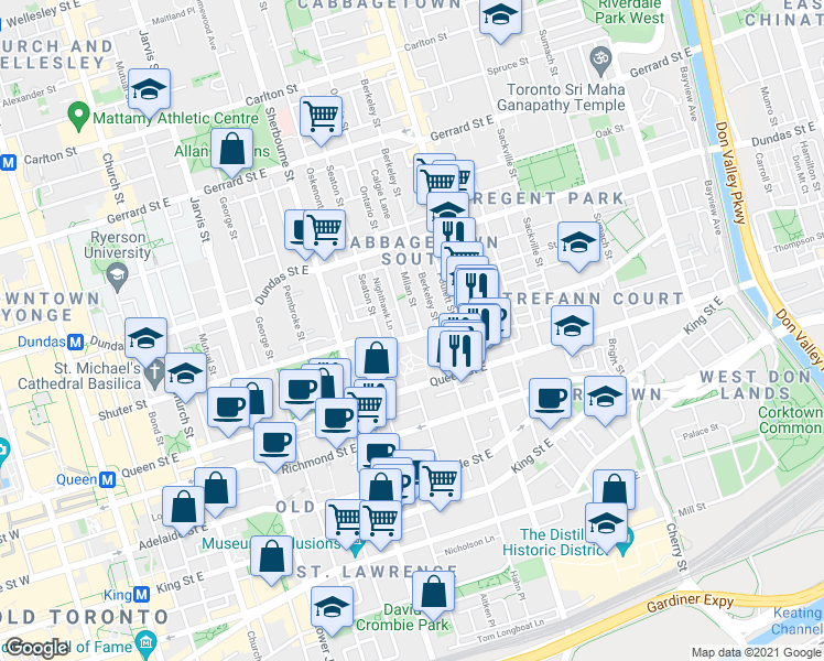 map of restaurants, bars, coffee shops, grocery stores, and more near 238 Shuter Street in Toronto