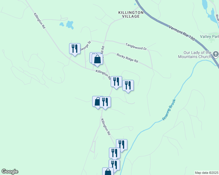 map of restaurants, bars, coffee shops, grocery stores, and more near 1128 Killington Road in Killington