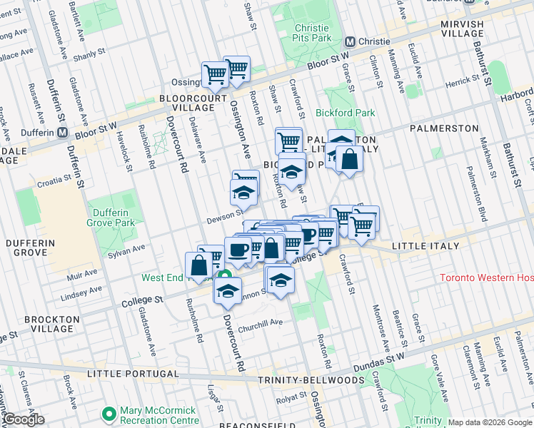 map of restaurants, bars, coffee shops, grocery stores, and more near 525 Ossington Avenue in Toronto