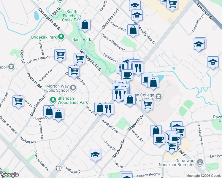 map of restaurants, bars, coffee shops, grocery stores, and more near 60 Banting Crescent in Brampton