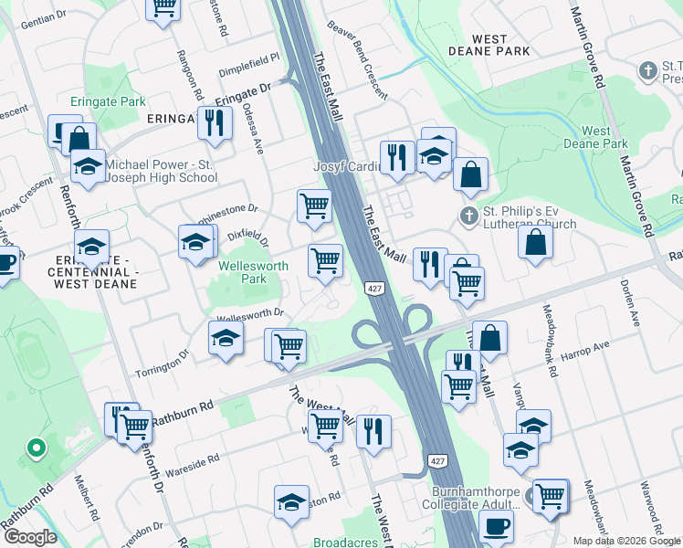 map of restaurants, bars, coffee shops, grocery stores, and more near 716 The West Mall in Toronto