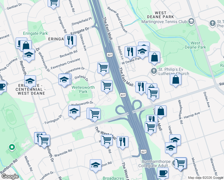 map of restaurants, bars, coffee shops, grocery stores, and more near 716 The West Mall in Toronto