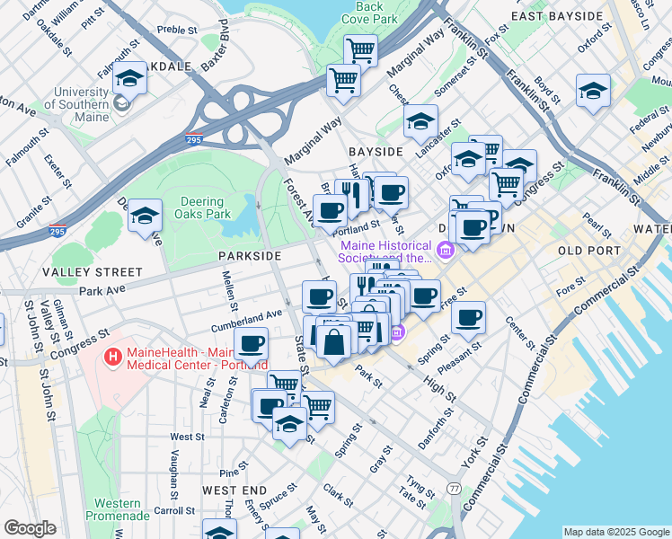map of restaurants, bars, coffee shops, grocery stores, and more near 210 High Street in Portland