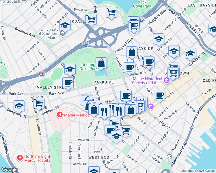 map of restaurants, bars, coffee shops, grocery stores, and more near 61 Sherman Street in Portland