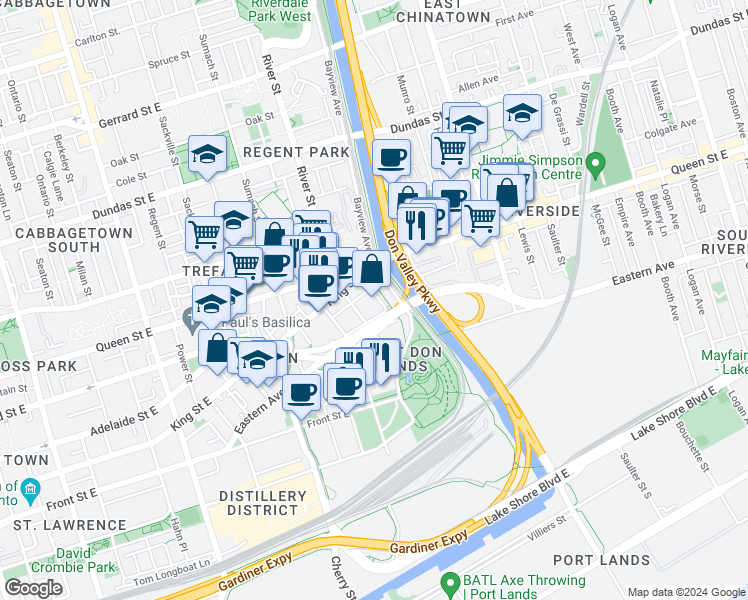 map of restaurants, bars, coffee shops, grocery stores, and more near in Toronto