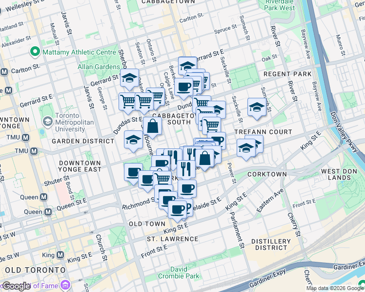 map of restaurants, bars, coffee shops, grocery stores, and more near in Toronto