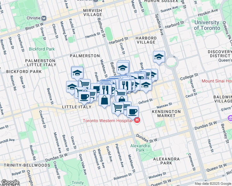 map of restaurants, bars, coffee shops, grocery stores, and more near in Toronto
