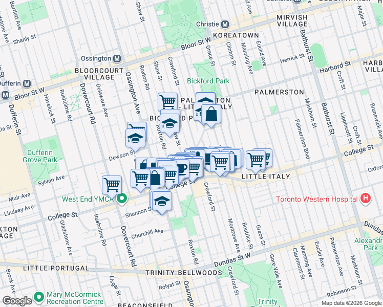 map of restaurants, bars, coffee shops, grocery stores, and more near in Toronto