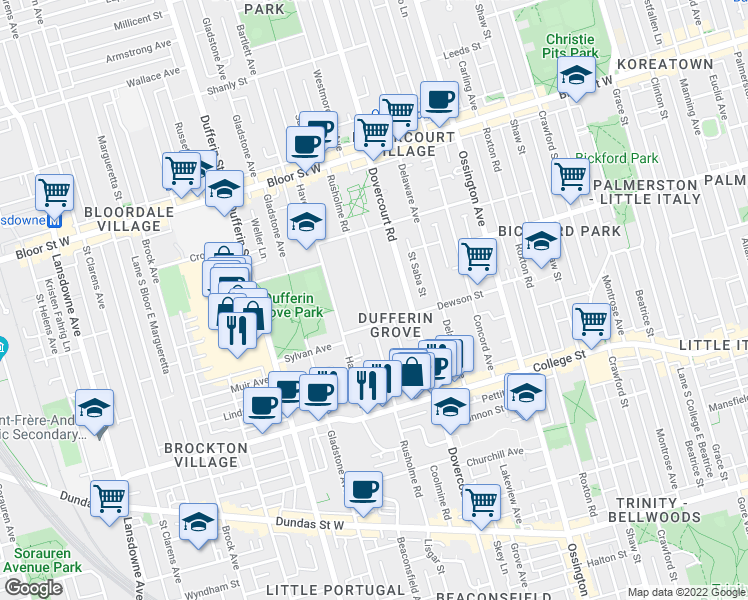map of restaurants, bars, coffee shops, grocery stores, and more near in Toronto