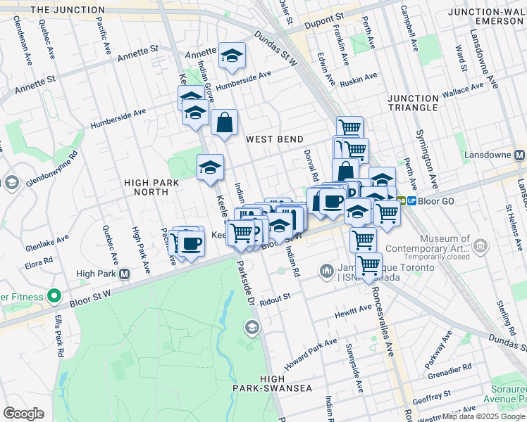 map of restaurants, bars, coffee shops, grocery stores, and more near in Toronto