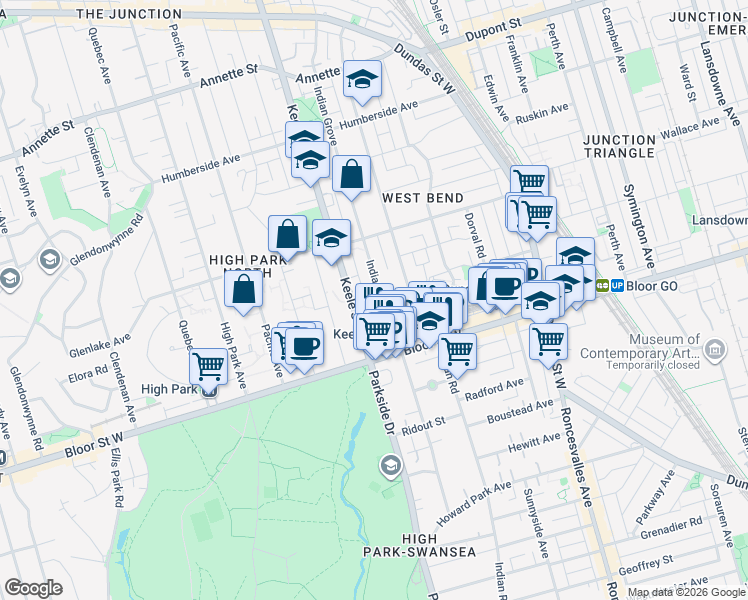 map of restaurants, bars, coffee shops, grocery stores, and more near 21 Keele Street in Toronto